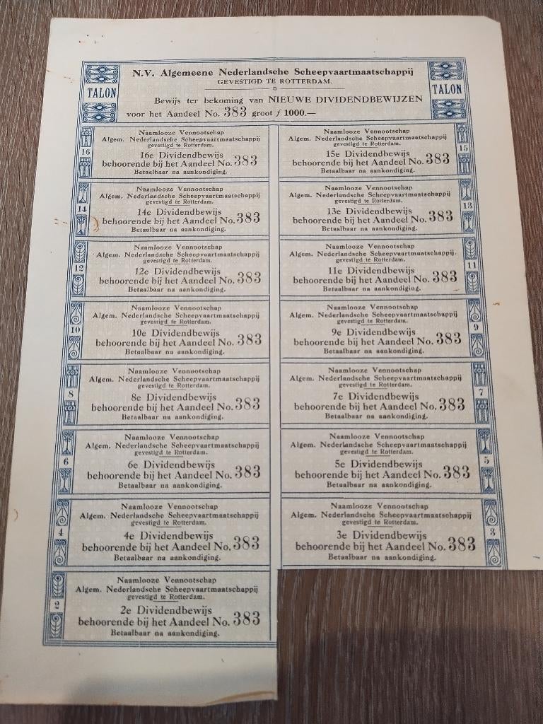 Dividendblad "N.V. Algemeene Nederlandsche Scheepvaart mij", Ophalen, 1970 tot heden, Aandeel