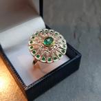 9 karaat gouden en zilveren ring met smaragd en diamanten, Geel, Ophalen of Verzenden, Zo goed als nieuw, Dame