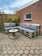 Palletbank tuinset (3-delig) met kussens en wieltjes, Tuin en Terras, Overige Tuin en Terras, Ophalen, Gebruikt