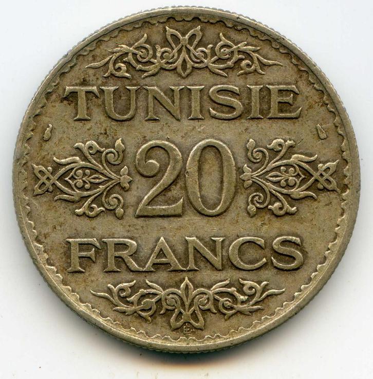 Tunesië 20 Francs 1934 - Zeldzamer Type Oplage 1,25 Miljoen, Postzegels en Munten, Munten | Afrika, Overige landen, Zilver, Ophalen of Verzenden