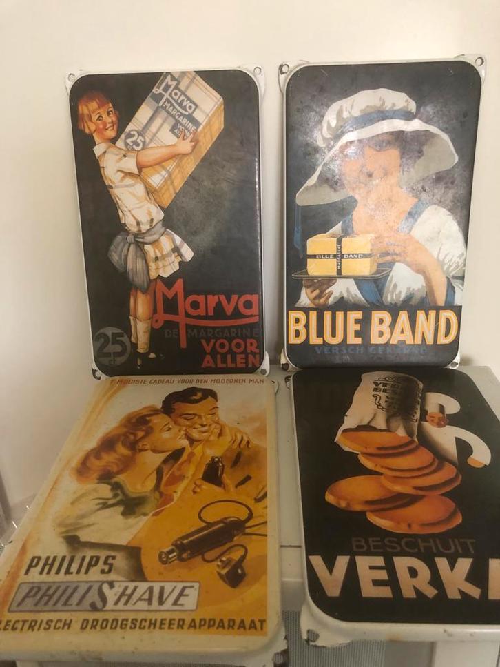 4 Retro Emaille Borden - Marva, Blue Band, Philips, Verkade, Verzamelen, Merken en Reclamevoorwerpen, Gebruikt, Reclamebord, Ophalen of Verzenden