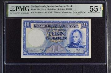 Bijna UNC biljet 10 gulden Willem 1 / mijnen, 1945 - PMG 55 beschikbaar voor biedingen