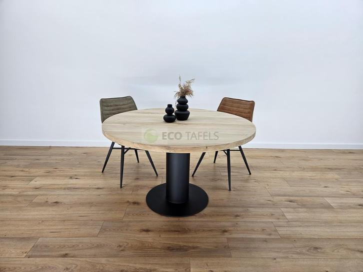 Luxe ronde eiken tafel met industriële matrixpoot, Huis en Inrichting, Tafels | Eettafels, Nieuw, 100 tot 150 cm, 100 tot 150 cm