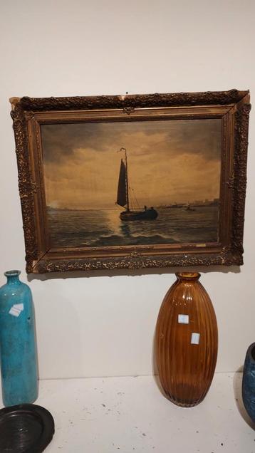 Oude olieverf schilderij, begin 1900 zeilschip en stoomboot  beschikbaar voor biedingen