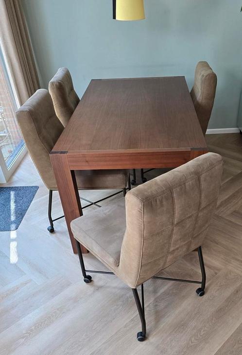 4 verrijdbare stoffen eetkamerstoelen grijs beige, Huis en Inrichting, Stoelen, Gebruikt, Vier, Stof, Grijs, Ophalen