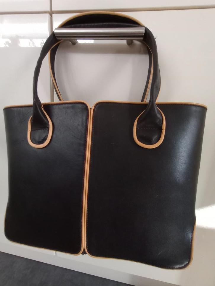Vintage ruime zwarte shopper met bruine biezen uit 70-jaren, Sieraden, Tassen en Uiterlijk, Tassen | Damestassen, Zo goed als nieuw
