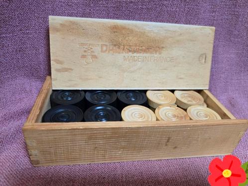 Vintage houten damstenen | handgedraaid | ca. 1960–1970, Hobby en Vrije tijd, Gezelschapsspellen | Bordspellen, Zo goed als nieuw