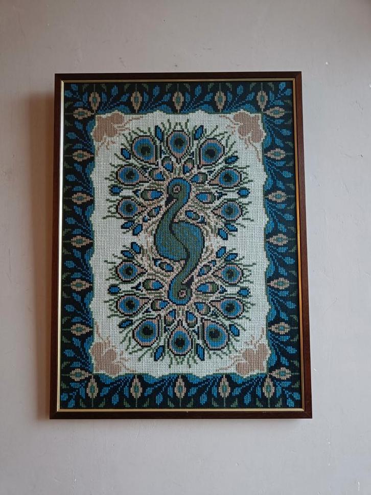 Borduurwerk borduurschilderij ingelijst pauw vogels groot, Antiek en Kunst, Kunst | Schilderijen | Abstract, Ophalen