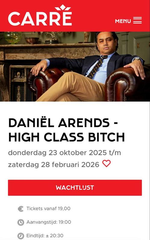 Ter ruil aangeboden: 2 kaartjes Daniel Arends in Carré, Tickets en Kaartjes, Theater | Cabaret en Komedie, Twee personen, Oktober