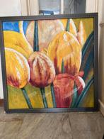 Dit kleurrijke tulpen tafereel meet 120 x120 in zwarte lijst, Antiek en Kunst, Kunst | Schilderijen | Modern, Ophalen