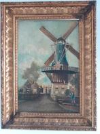 Antiek schilderij olieverf op doek molen in dorpsstraat, Ophalen of Verzenden