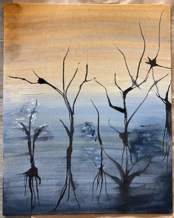 Abstract modern zwart wit Wabi Sabi schilderij kunstenares beschikbaar voor biedingen