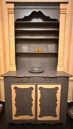 Brocante Grijze sierkast met gele accenten, Ophalen