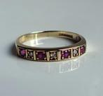 9 kt Gouden alliance ring: 4 x robijn + 3 x diamant. 1989, Sieraden, Tassen en Uiterlijk, Antieke sieraden, Ophalen of Verzenden