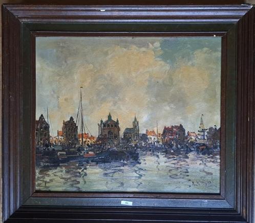 Havengezicht ergens in Nederland - Anton Morel (20e eeuw), Antiek en Kunst, Kunst | Schilderijen | Klassiek, Ophalen of Verzenden