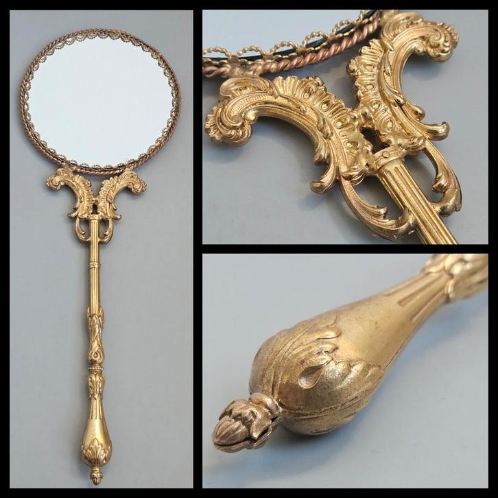 Antieke handspiegel,  rijk gedecoreerd.  35 x 12,5 cm., Antiek en Kunst, Antiek | Spiegels, Minder dan 50 cm, Ophalen of Verzenden