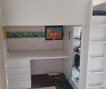 Hoogslaper 90×200cm incl nieuwe matras, wit met bureau+kast  beschikbaar voor biedingen