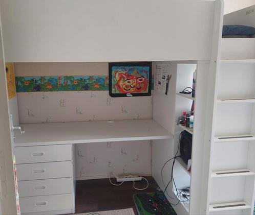 Hoogslaper 90×200cm incl nieuwe matras, wit met bureau+kast, Kinderen en Baby's, Kinderkamer | Stapelbedden en Hoogslapers, Zo goed als nieuw