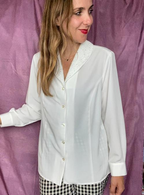Vintage witte blouse met mooie kraag - wit - XL/42, Kleding | Dames, Blouses en Tunieken, Ophalen of Verzenden
