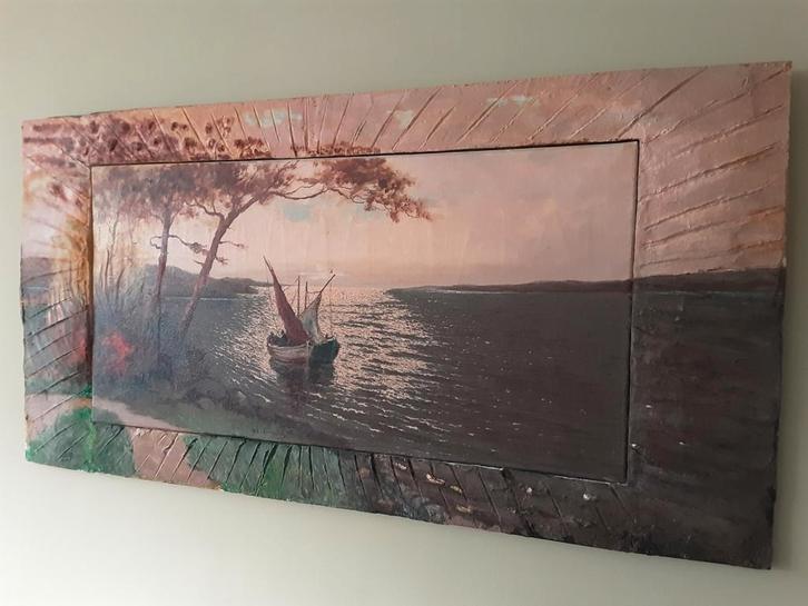 Vissersbootjes bij ochtend gloren., Antiek en Kunst, Kunst | Schilderijen | Abstract, Ophalen