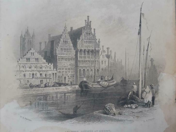 001/ Spaansche huizen in Gent / Staalgravure uit 1835, Antiek en Kunst, Kunst | Etsen en Gravures, Ophalen of Verzenden