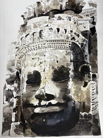 Aquarel van de Bayon tempel, Cambodja, gesigneerd (Channa) beschikbaar voor biedingen