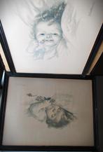 Baby~Fialkowska~2 grote tekeningen in lijst~Baby slapend wak, Antiek en Kunst, Ophalen of Verzenden