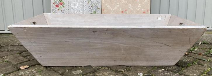 Brocante grote grijze houten bak - trog met handgrepen, Antiek en Kunst, Curiosa en Brocante, Ophalen