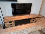Mangohouten TV Kast met Schuifdeuren, Ophalen, 150 tot 200 cm, Zo goed als nieuw, Metaal