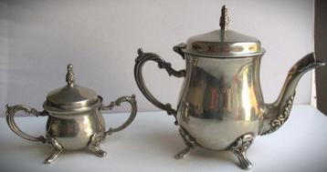 Koffiepot en suikerpot~Verzilverd antiek setje~Koffiepotje beschikbaar voor biedingen