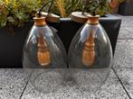 2 Stoere hanglampen hout en glas, Ophalen, Gebruikt