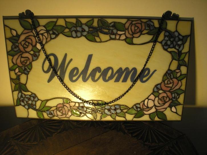 Tiffany paneel met kleurige bloemen en tekst 'WELCOME', Doe-het-zelf en Verbouw, Platen en Panelen, Zo goed als nieuw, Overige materialen