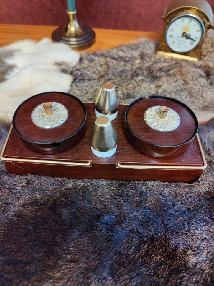 Vintage Mid-Century Bar/Rook Set - Hout & Messing, Antiek en Kunst, Antiek | Kandelaars, Koper of Brons, Ophalen of Verzenden