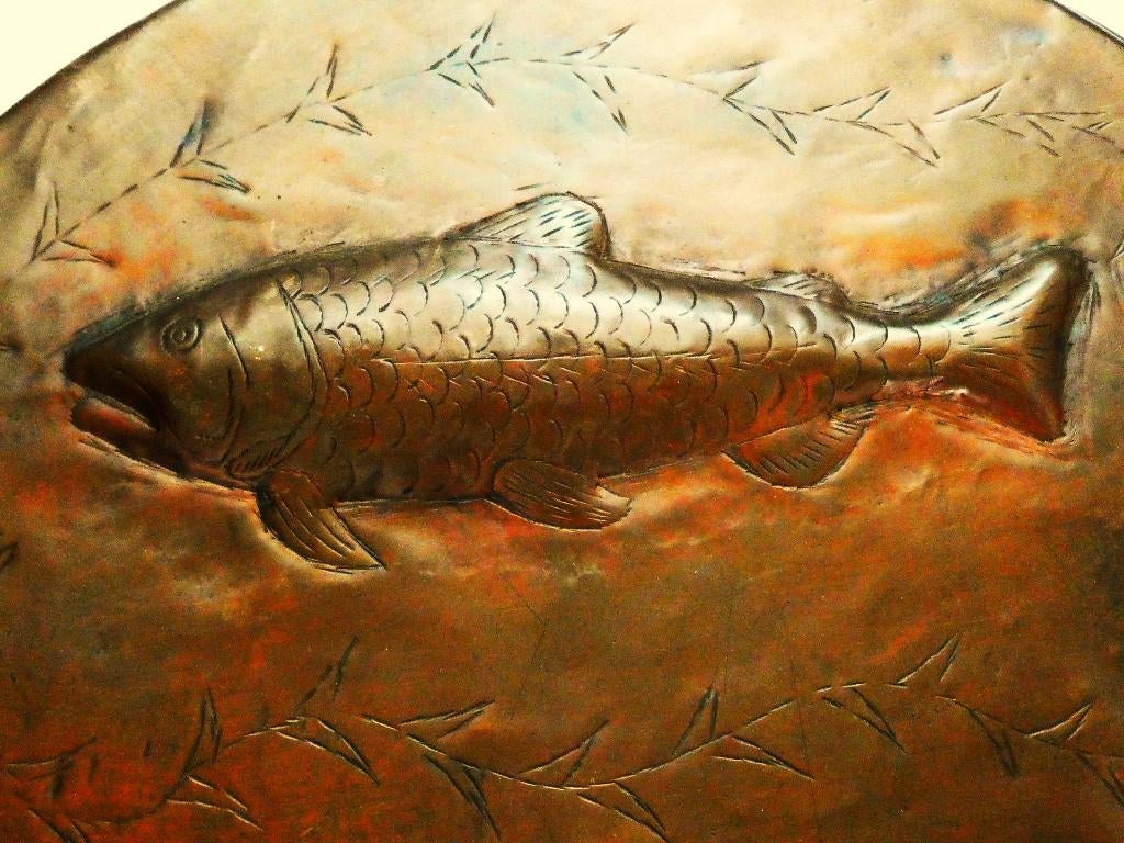 Roodkoperen vispan vis pan 2 vissen floraal gedecoreerd, Antiek en Kunst, Ophalen of Verzenden, Koper