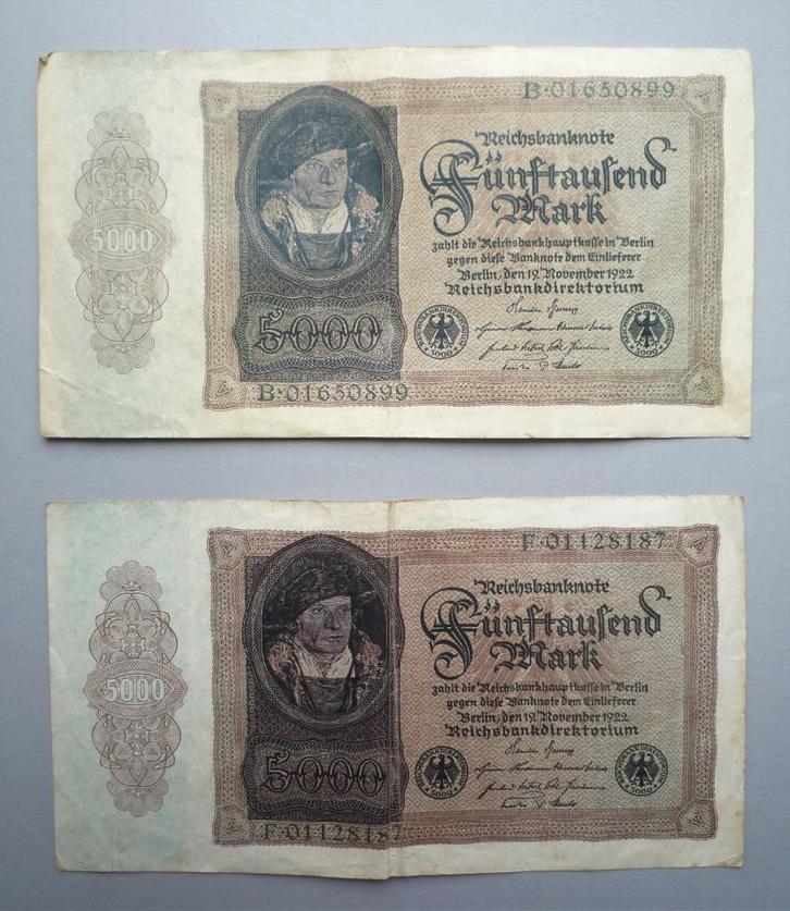 2x Duitsland 5000 Mark bankbiljet 1922 Hans Urmiller, Postzegels en Munten, Bankbiljetten | Europa | Niet-Eurobiljetten, Setje