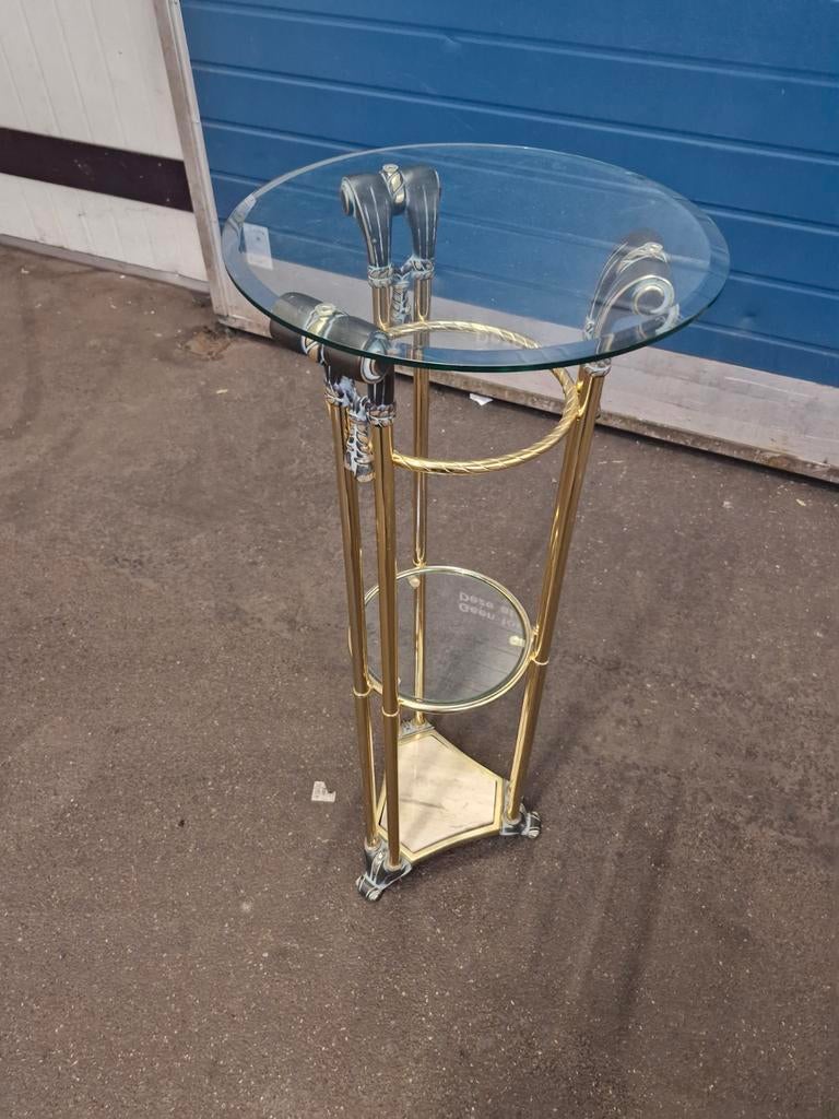 Hollywood Regency Zuil / piëdestal met Glazen Bladen, Huis en Inrichting, Tafels | Bijzettafels, Minder dan 55 cm, Rond, Ophalen of Verzenden