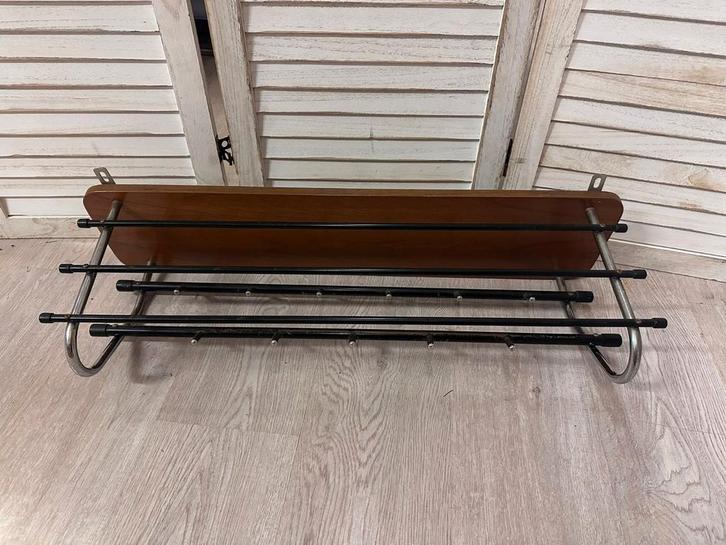 Vintage teakhouten wandkapstok met hoedenplank jaren 60 rail, Huis en Inrichting, Woonaccessoires | Kapstokken, Gebruikt, Wandkapstok