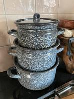 Brocante set emaille  grijs gewolkte pannen, Ophalen of Verzenden