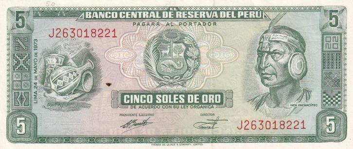 Peru 5 soles de oro 24-5-1973, Postzegels en Munten, Bankbiljetten | Amerika, Los biljet, Zuid-Amerika, Verzenden