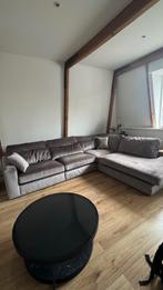 L-vormige grijze satijnen bank (3x2.2m) met kussens, Ophalen, Zo goed als nieuw, Stof