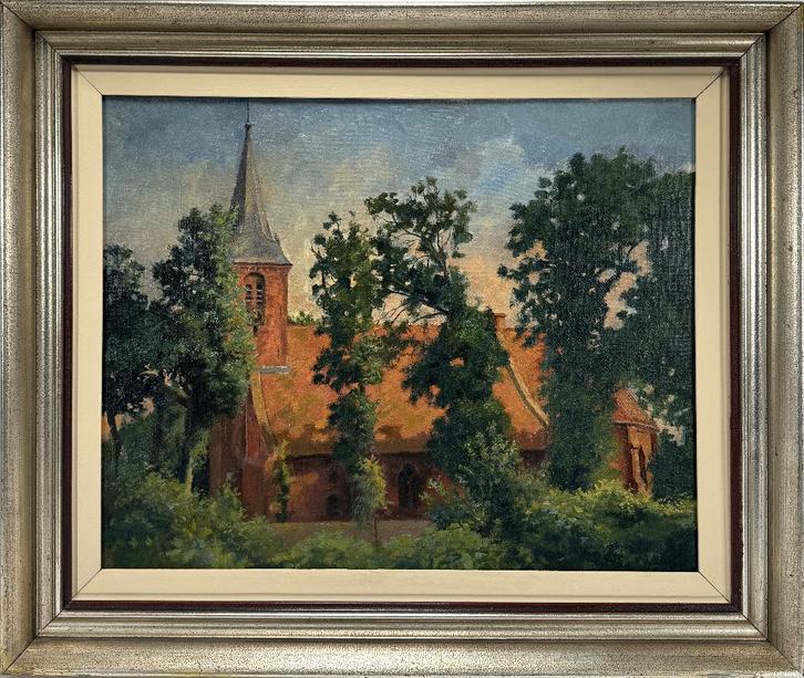 1043. Schilderij, Jan Arien Deodatus – kerktoren, 1947, Antiek en Kunst, Kunst | Schilderijen | Klassiek, Ophalen of Verzenden