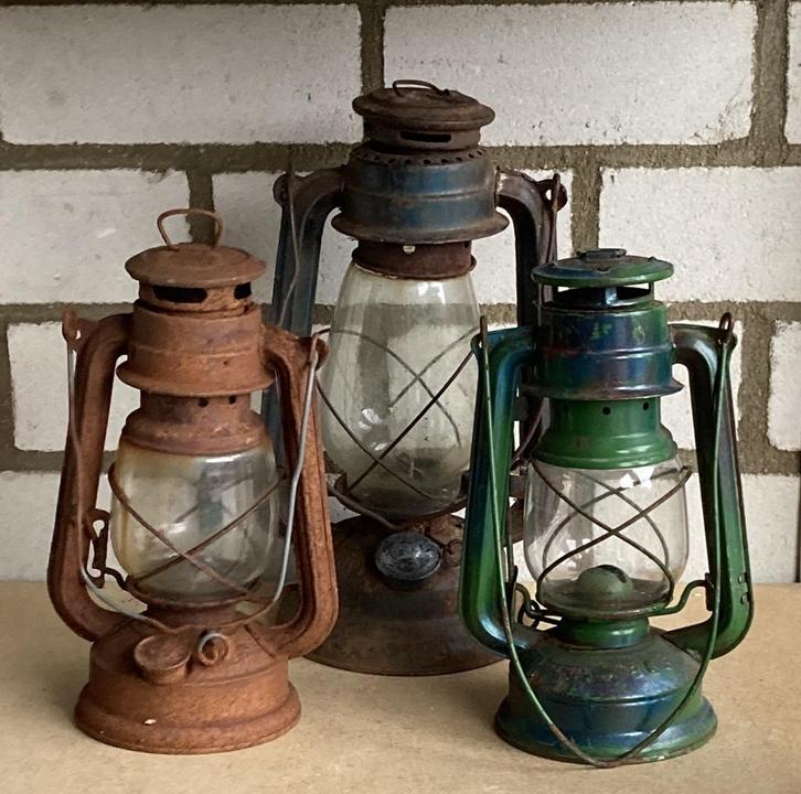 4x Brocante stormlamp - olielamp - stallantaarn, Huis en Inrichting, Woonaccessoires | Overige, Gebruikt, Ophalen of Verzenden