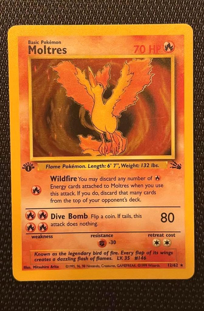 Moltres Nearmint Holo 12/62 First Edition Fossil 1999 Wotc, Hobby en Vrije tijd, Verzamelkaartspellen | Pokémon, Zo goed als nieuw