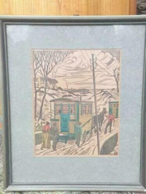 houtsnede woonwagens in de winter Jan Franken Pzn., Antiek en Kunst, Kunst | Etsen en Gravures, Ophalen