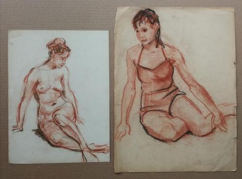 Jan Visser 1897-1968. Naakt. Zittende vrouw. Roodkrijt., Antiek en Kunst, Kunst | Tekeningen en Foto's, Ophalen of Verzenden