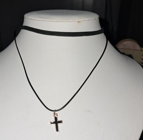 Mooie nieuwe zwarte ketting dubbele ketting met kruisje, Sieraden, Tassen en Uiterlijk, Kettingen, Nieuw, Overige materialen, Wit