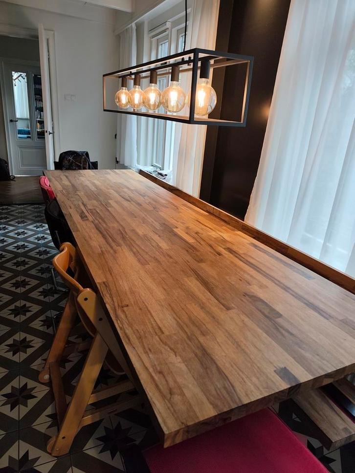 Industriële grote eiken houten eettafel 300*90cm incl bankje, Huis en Inrichting, Tafels | Eettafels, Gebruikt, 150 tot 200 cm