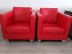Set van 2 Montèl 'Parker'-stijl Rode Leren Fauteuil, Huis en Inrichting, Fauteuils, Ophalen, Gebruikt, 50 tot 75 cm, Leer