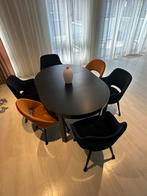 Uittrekbare Zwarte Houten Tafel + 6 Velvet Stoelen, Huis en Inrichting, Tafels | Eettafels, Ophalen, Gebruikt, 100 tot 150 cm