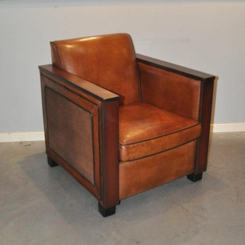 Schapenleren AD fauteuil met webbing, Huis en Inrichting, Fauteuils, Gebruikt, Leer, 50 tot 75 cm, 75 tot 100 cm, Ophalen